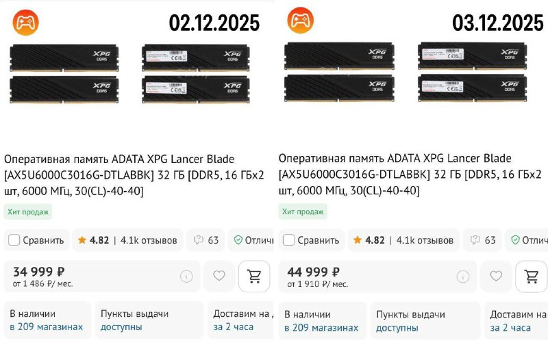 ⚡️Плашки оперативки теперь стоят дороже видеокарты В России набор ОЗУ на 32 ГБ толкают за 35 000 ру