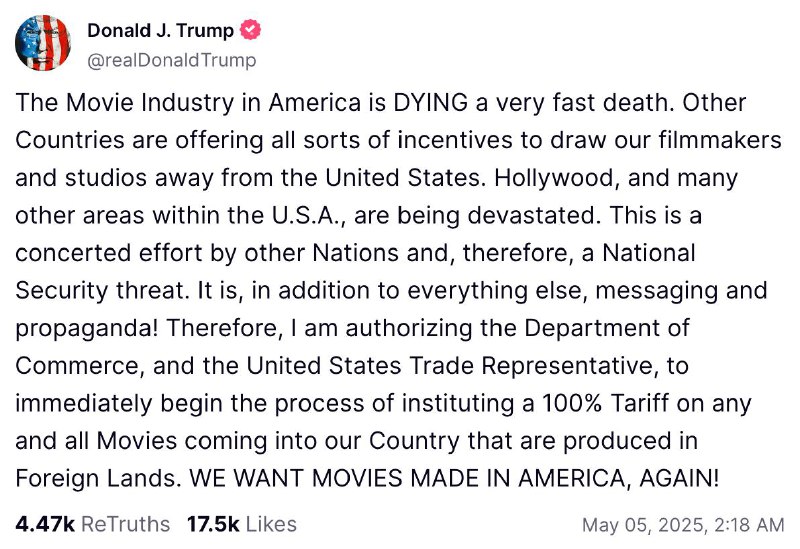 Дональд Трамп хочет ввести пошлины в 100% против фильмов, которые снимаются за пределами США. Так пр