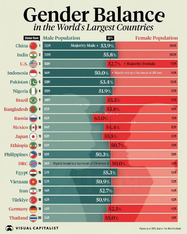 ❗️Россия заняла первое место в мире по… доле женского населения
По данным Visual Capitalist на 2024