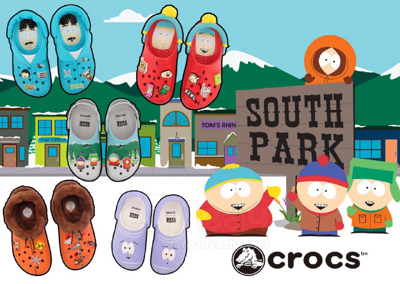 Модники, внимание: Crocs заколлабился с… «Южным Парком».
В линейке будут модели с лицами Картмана,