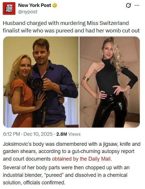 Муж убил жену – экс-финалистку конкурса красоты «Мисс Швейцария» Кристину Йоксимович.
Затем выреза