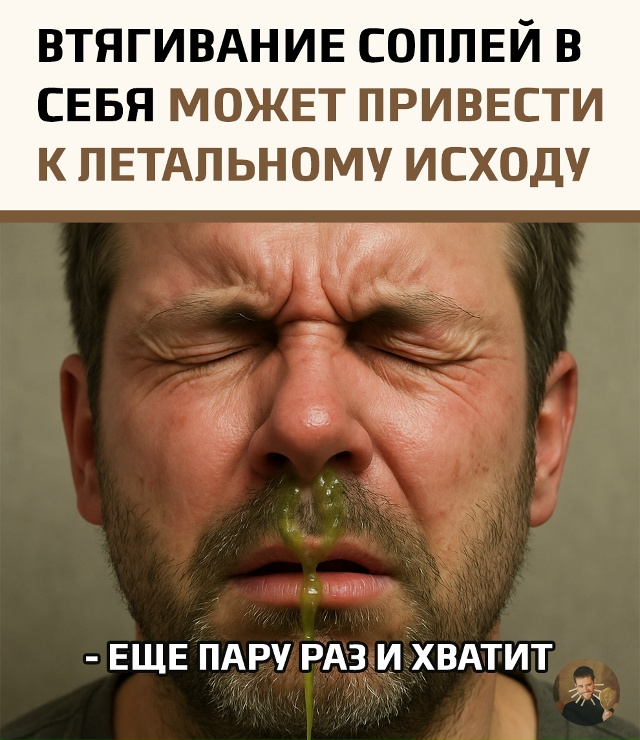Когда у человека насморк, инфекция из носовых пазух ле?...