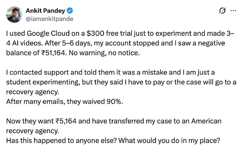 Парень оказался должен Google после бесплатного теста нейронок через Google Cloud.
Вайбкодеру дали