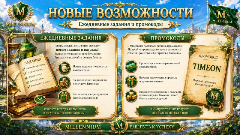 #Millennium
🔥 Встречайте новое обновление Millennium!
🎁 Ежедневные задания и бонусы
Каждый день в