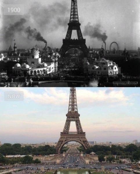 Эйфелeвa бaшня более 100 лет назад и сейчac