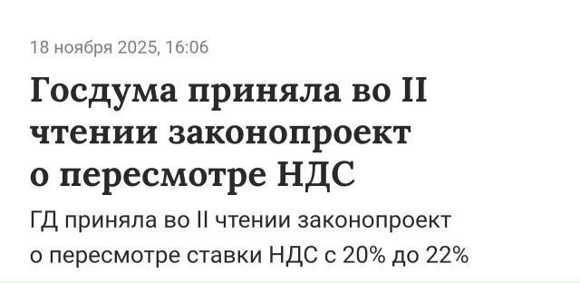 НДС в России увеличат до 22% с 1 января
Госдума приняла ...
