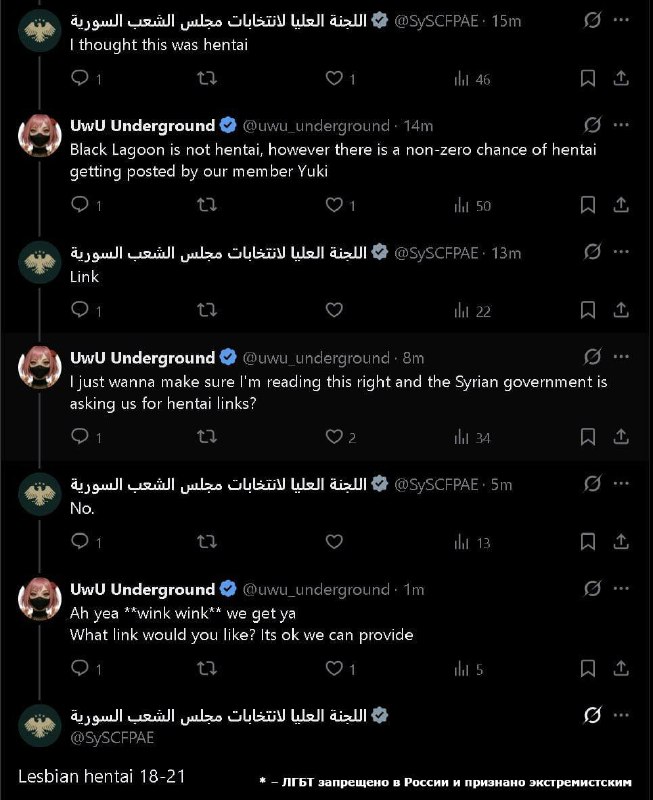 🤭Официальный аккаунт правительства Сирии попросил ссылку на лесбийский хентай
После того как верифи