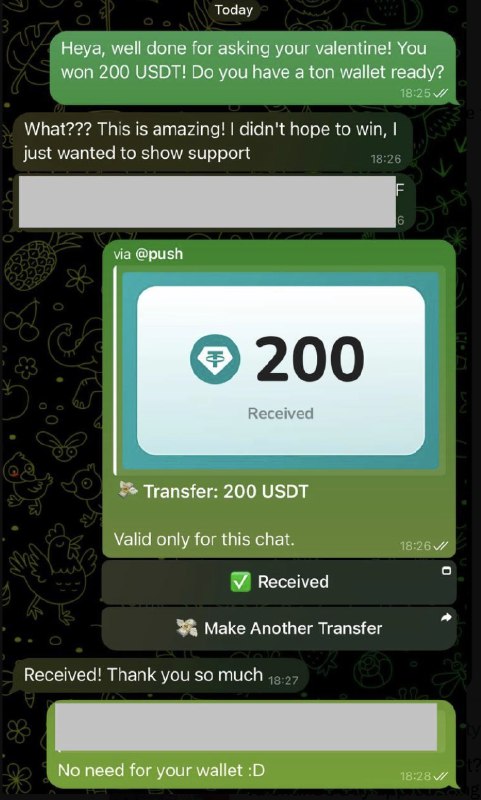The first winner has already been chosen! 200 USDT has been sent! 🤑
1 Winner from Telegram has been