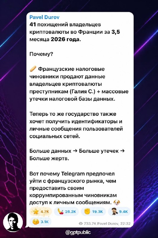 ⭐️ Павел Дуров заявил, что скорее Телеграм уйдет из Франции, чем даст доступ к переписке пользовател