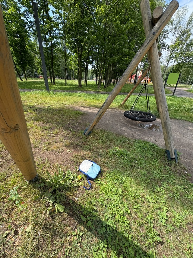 В парке на берегу реки, где красный мост и качели лежит ...