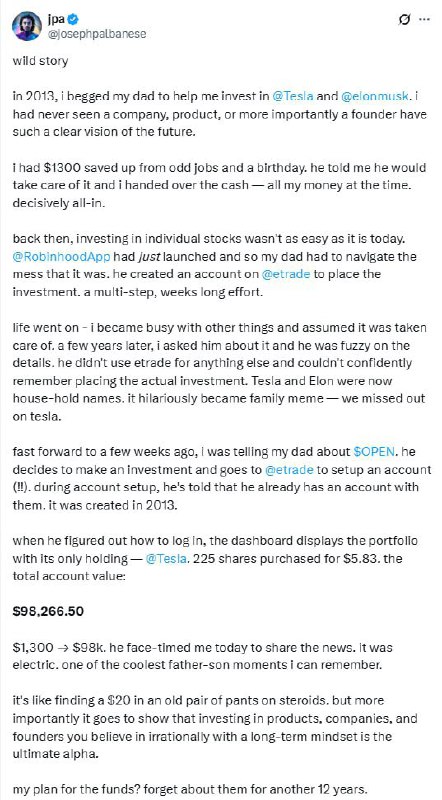 В 2013-м году парень отдал отцу $1300 — он попросил их инвестировать в акции Tesla.
Через годы сем