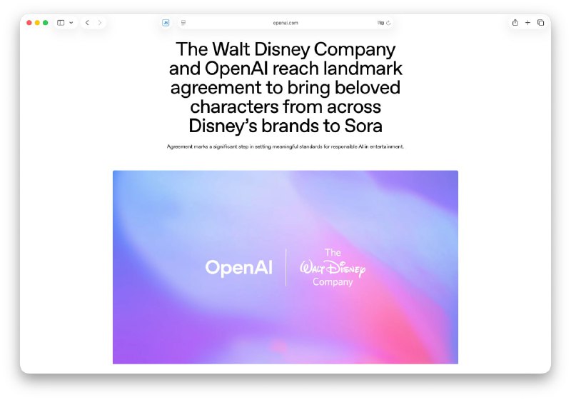 Walt Disney инвестируют $1 млрд в OpenAI и разрешат свободно генерировать контент с культовыми персо