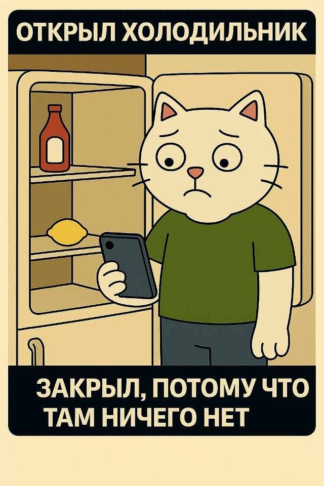 Он открывает холодильник, а там почти пусто: только бан...