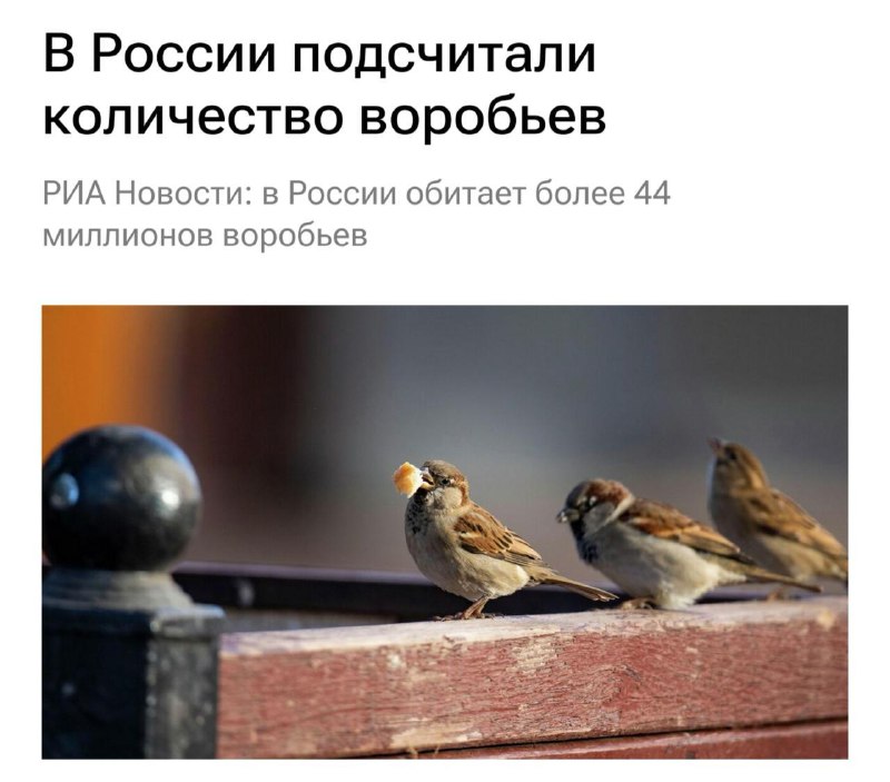 Подсчет воробьев завершен.
В России обитает 44 миллионов воробьёв.
Спасибо за внимание!