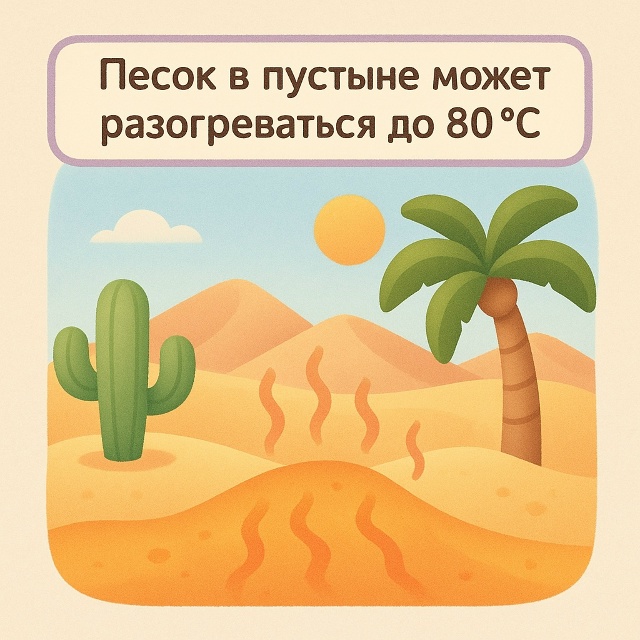 Пустынный песок: до 80°C и выше
Да, в летний период повер...