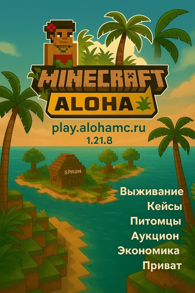 • 🎮 IP: play.alohamc.ru
• 🌍 Версия: 1.21.8
• 🌐 Сайт: alohamc.online