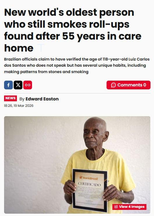 118 лет исполнилось мужчине, который выкуривает по пачке сигарет в день.
Луис Карлос из Бразилии с