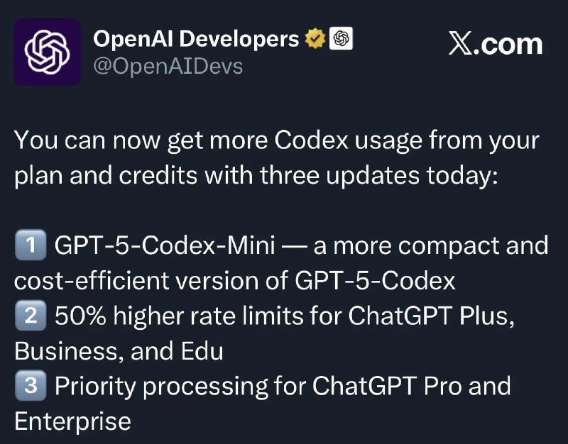 ⚡️ OpenAI выпустила GPT-5-Codex-Mini.
GPT-5-Codex-Mini - более доступная версия флагманского Codex,