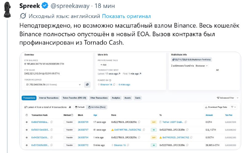 ⚡️Binance взломали — с горячих кошельков биржи вывели до 3,5 миллиарда долларов в пяти блокчейнах
О