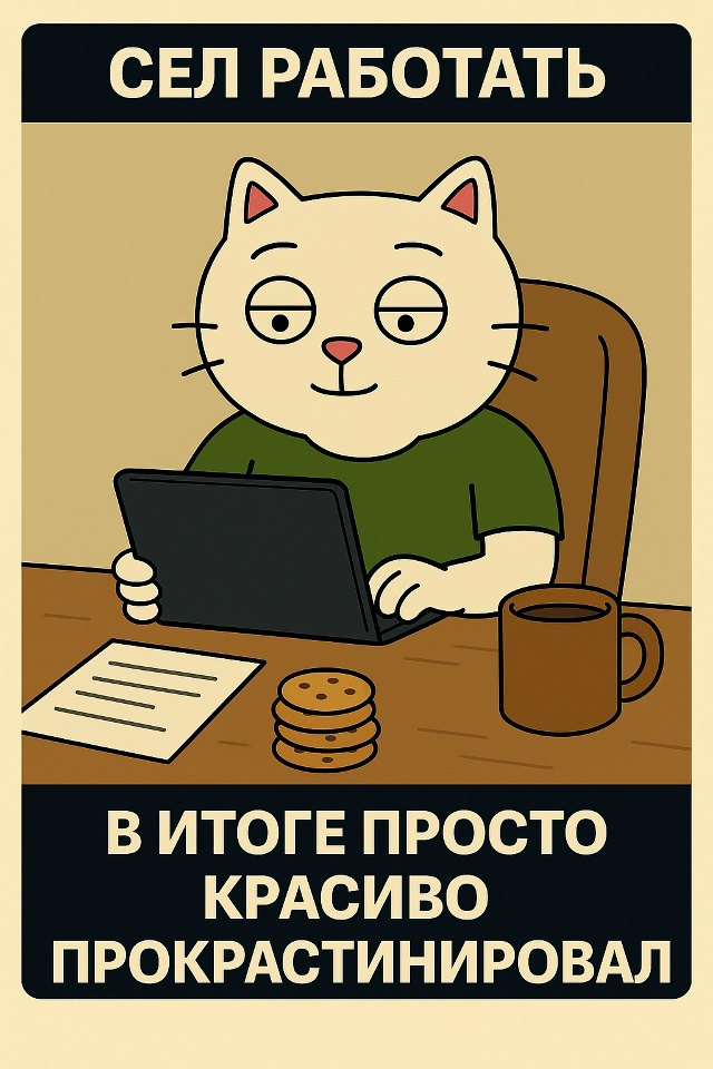 Он сидит за столом, перед ним ноутбук и список дел на бу...