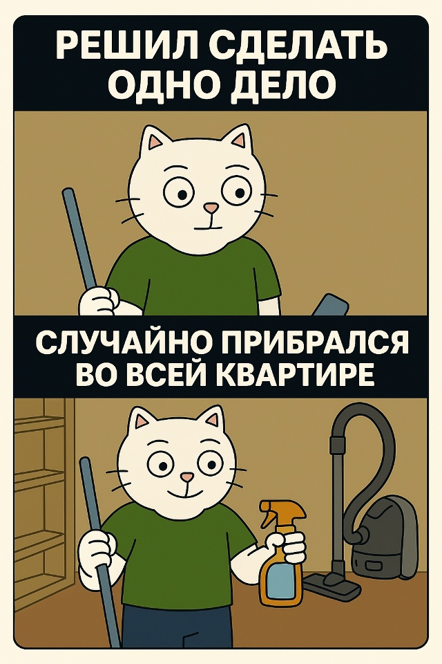 Хотел просто протереть стол — и понеслось.
Теперь пыль...