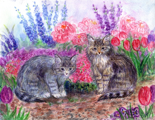 Котята в саду. Художник - Инна Якубсон 🎨👩🏽‍🎨🌺😊😻