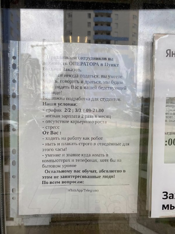 Обнаружено самое честное объявление о работе в пункте выдачи
Если вы умеете ходить, говорить и при