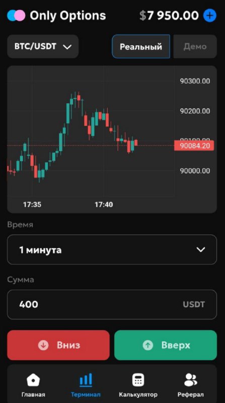 #Only_Options 😀
Сделал серию из 3 сделок на понижение со ставками в 400$ 👌
Моя статистика:
Дата мо