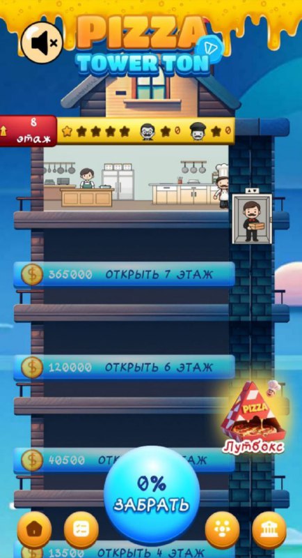 #Pizza_Tower 🍕
🍕 Привет, пиццастроители!
🧱 Суть игры простая: улучшайте этажи 1–8, повышайте PD/ч