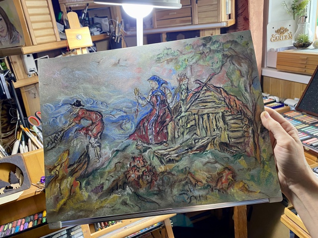 Карандашами и пастелью рисовал .
В цифре в основном на ?...