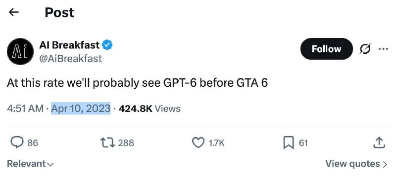 GPT-6 вышла раньше GTA VI: сбылся прогноз блога AI Breakfast, который сделали еще в апреле 2023 года