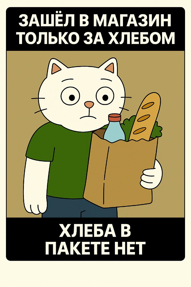 Зашёл в магазин «только за хлебом»,
а вышел с пакетом т?...