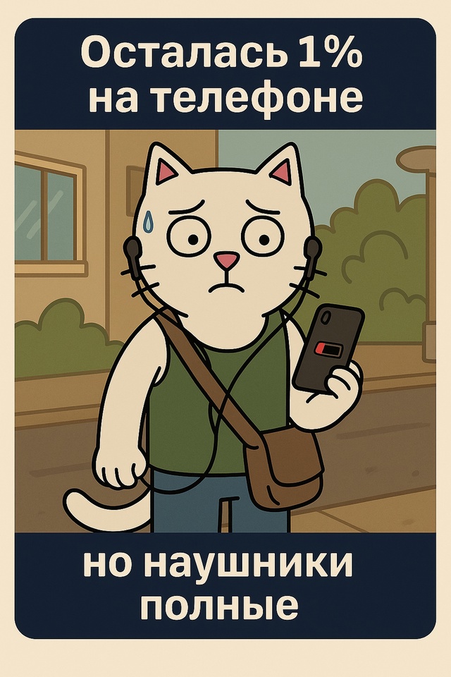 Ты выходишь из дома, телефон — 3%, но наушники полные. И ?...