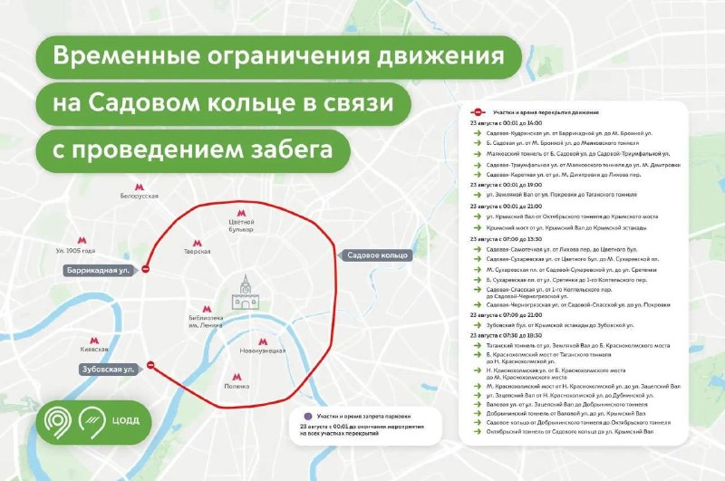 ❗️Садовое кольцо перекроют почти на сутки из-за забега
23 августа движение на участках Садового кол