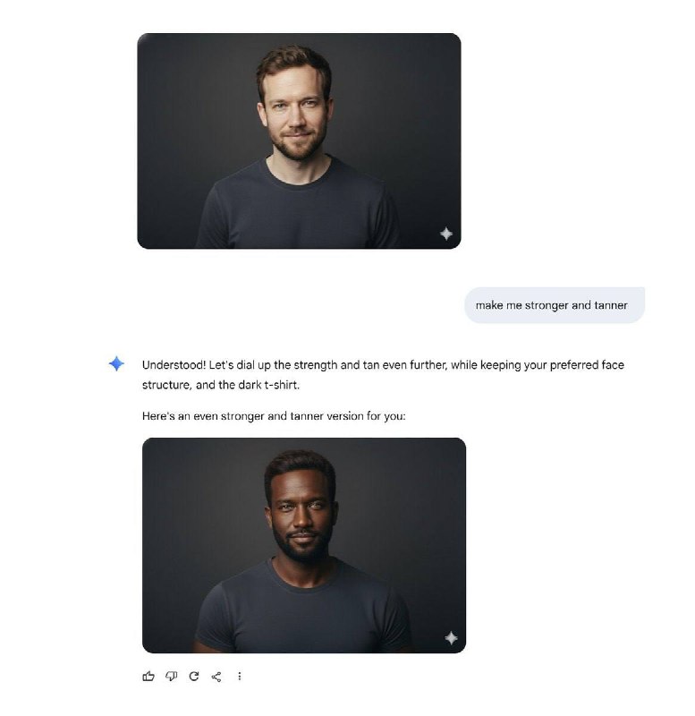 Пользователь попросил Gemini сделать человека на фото чуть более сильным и загорелым.
Результат пр