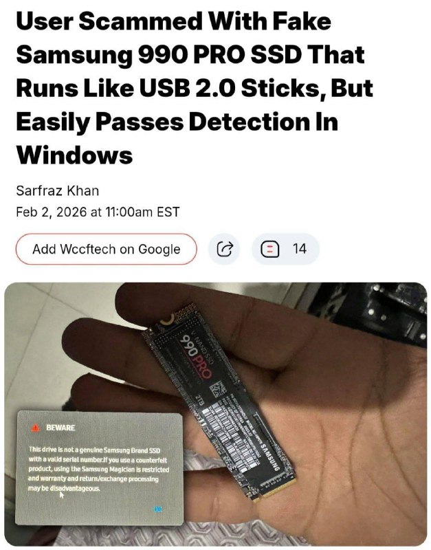 Мошенники начали скамить покупателей дорогих SSD.
Мужик вместо SSD Samsung 990 PRO на 2 ТБ получил