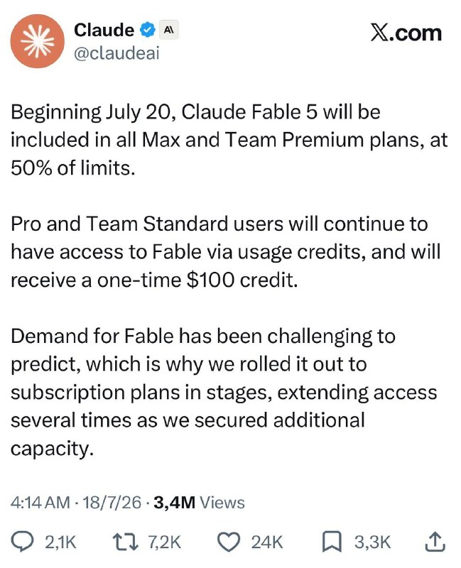 Fable 5 оставляют в подписке Claude. Пока только на самых дорогих тарифах — Max и Team Premium. Лими