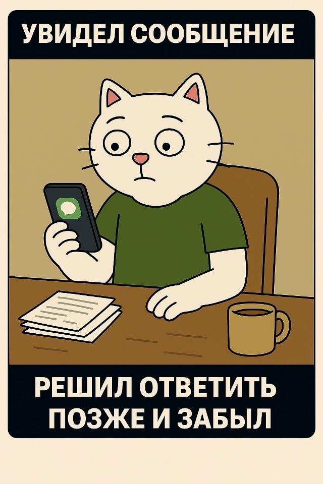 Он сидит с телефоном в лапе, на экране уведомление о но?...