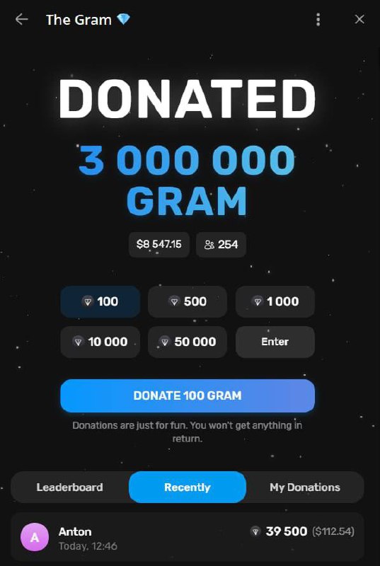 Ребята в t.me/thegram?startapp=donate на кидали уже ☺️ 3 000 000 GRAM.