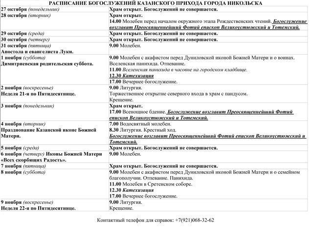 Расписание богослужений в Казанском храме г. Никольск.