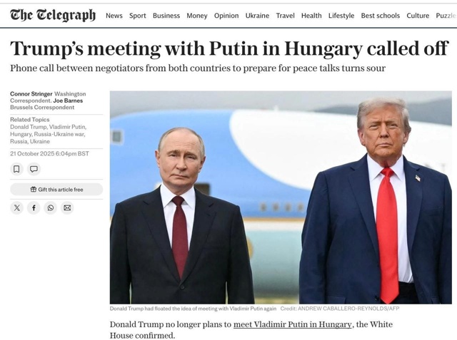 The Telegraph:
Встреча Трампа с Путиным в Венгрии отменена. ...