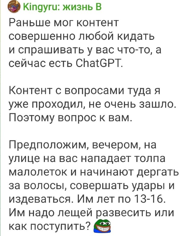 Тем временем мы узнали, что Кенгурятника опять погоняла по двлру шпана. В этот раз не сербская