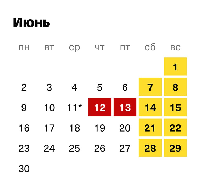 Девочки, сегодня началась ТРЕХДНЕВНАЯ рабочая неделя — «пятница» наступит уже в среду.
11 июня сокр