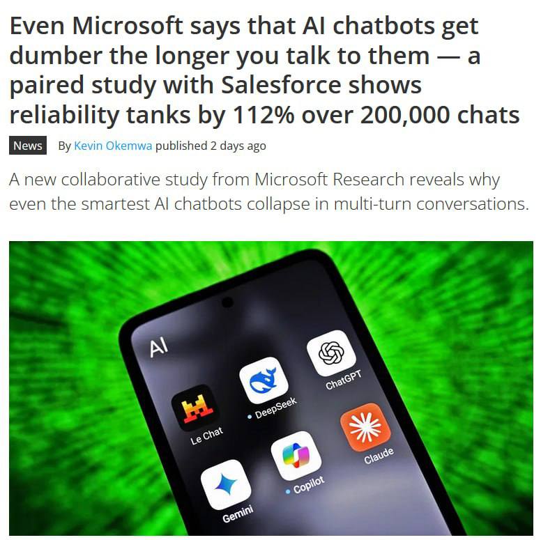 Нейронки 'тупеют' от длинных диалогов с людьми, — Microsoft на данных 200’000 чатов заметила: если с