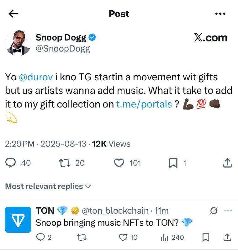 Yo @durov i kno TG startin a movement wit gifts but us artists wanna add music. What it take to add