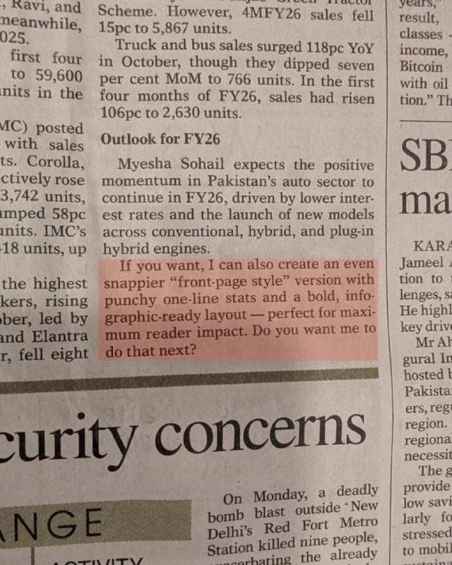 📰 Крупнейшая пакистанская газета напечатала статью с ответом ChatGPT
В конце заметки об авторынке в