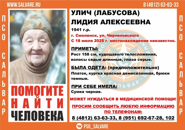 ⚠️В Смоленске пропала пожилая женщина
Улич (Лабусова...