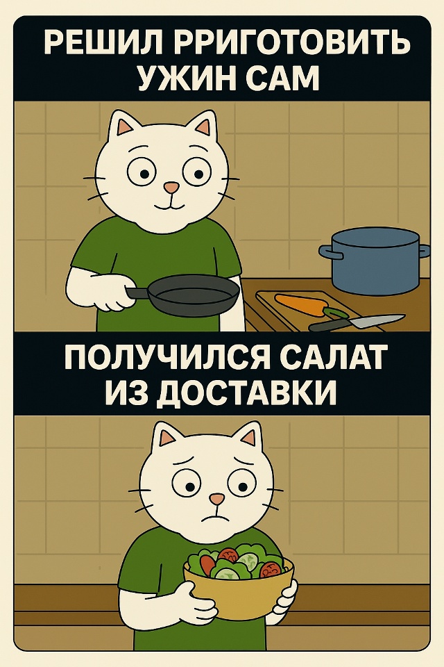 Начал бодро: достал сковороду, включил музыку, нарезал ...