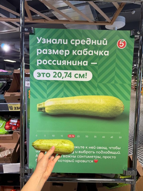 Измерить свой кабачок можно в Пятёрочке 👀
В магазинах появились таблички с линейкой и отметкой сред