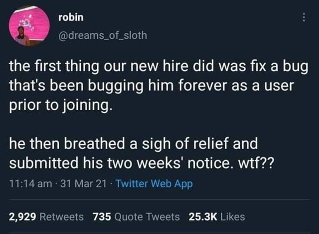 Баг
Первое, что сделал наш новый сотрудник, это исправ?...